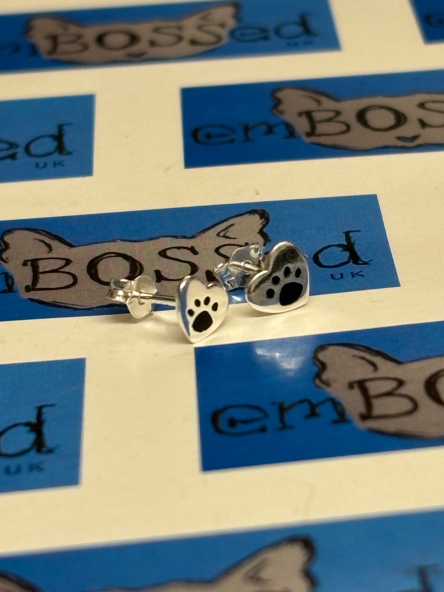 Hearts with Enamelled Paw Print Studs