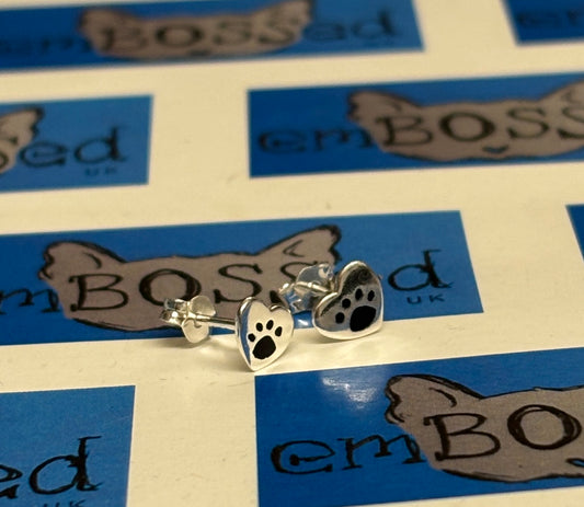 Hearts with Enamelled Paw Print Studs